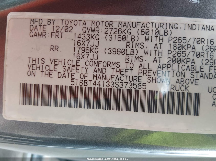 2003 Toyota Tundra VIN 5TBBT44133S373585 IAAI salvage auction — RIGHT FRONT, Salvage (Missouri), sold $2,100 on 2026-07-08 (photo 9)