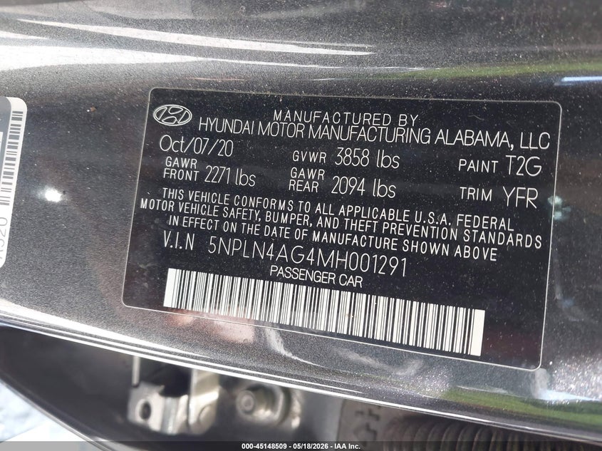 2021 Hyundai Elantra VIN 5NPLN4AG4MH001291 IAAI salvage auction — LEFT FRONT, Salvage (South Carolina), sold $4,475 on 2026-07-07 (photo 9)