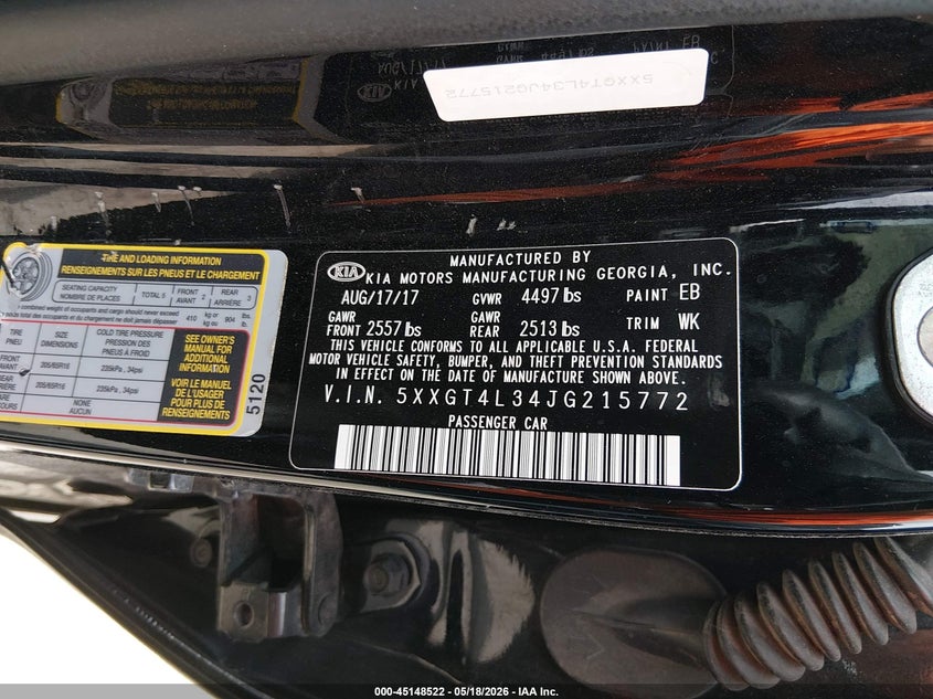 2018 Kia Optima VIN 5XXGT4L34JG215772 IAAI salvage auction — LEFT SIDE, Original (Texas), sold $1,875 on 2026-07-22 (photo 9)