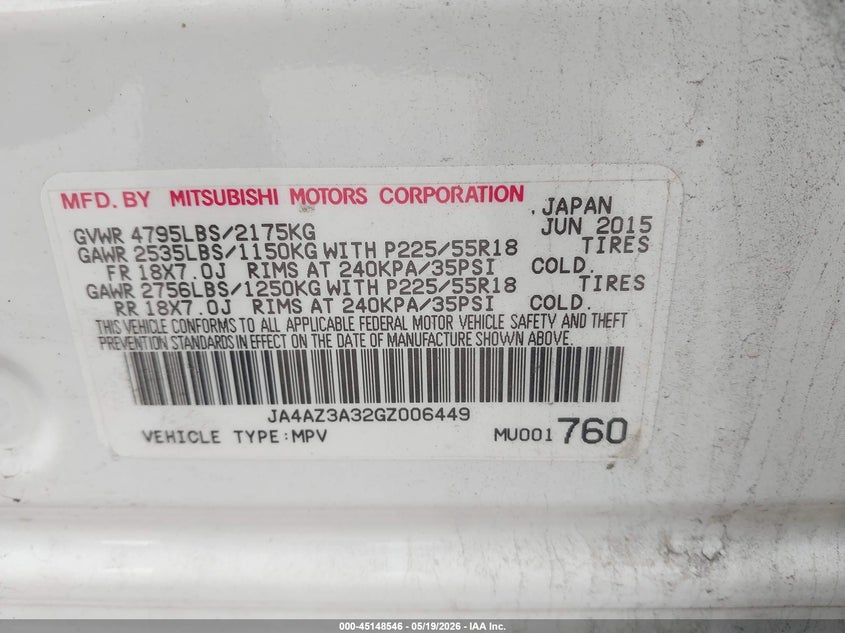 2016 Mitsubishi Outlander VIN JA4AZ3A32GZ006449 IAAI salvage auction — FRONT END, Salvage (Ohio), sold $1,100 on 2026-07-08 (photo 9)