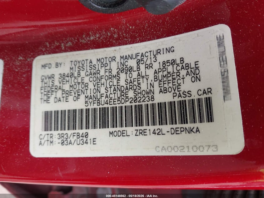 2013 Toyota Corolla VIN 5YFBU4EE5DP202238 IAAI salvage auction — REAR END, Clear (Michigan), sold $2,550 on 2026-07-24 (photo 9)