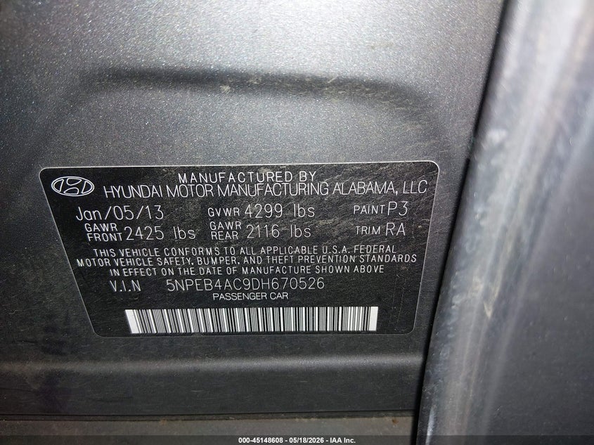 2013 Hyundai Sonata VIN 5NPEB4AC9DH670526 IAAI salvage auction — ENGINE DAMAGE, Salvage (Oregon), sold $25 on 2026-07-09 (photo 9)