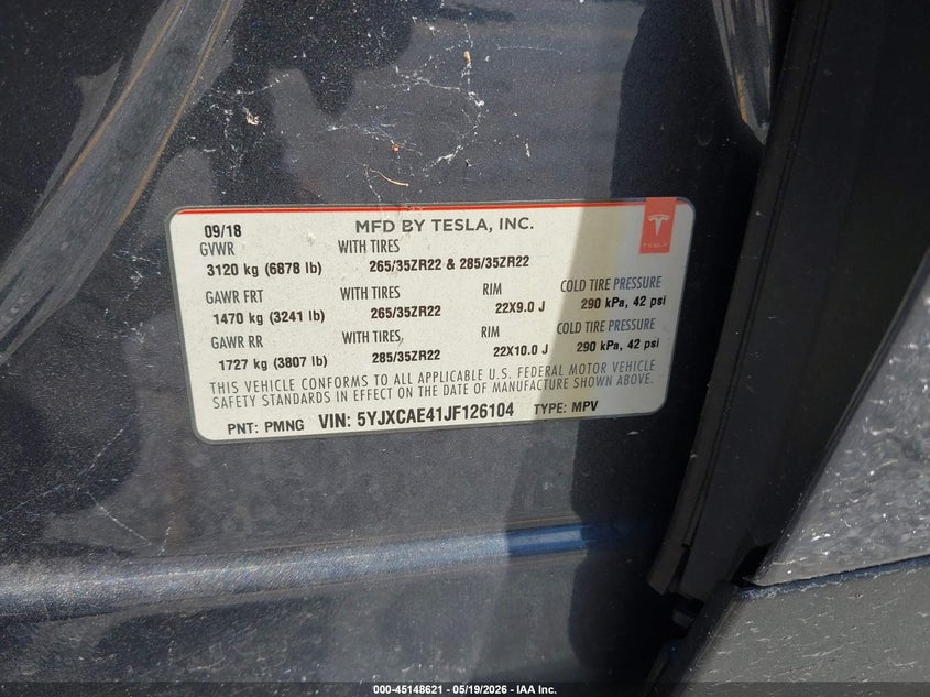 2018 Tesla Model x VIN 5YJXCAE41JF126104 IAAI salvage auction — LEFT FRONT, Salvage (Georgia), sold $10,500 on 2026-07-20 (photo 9)