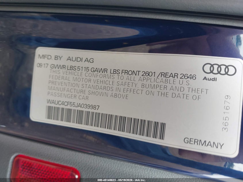 2018 Audi S5 VIN WAUC4CF55JA039987 IAAI salvage auction — RIGHT SIDE, Salvage (Illinois), sold $6,100 on 2026-07-15 (photo 9)