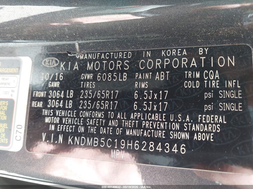 2017 Kia SEDONA VIN KNDMB5C19H6284346 IAAI salvage auction — SIDE, Salvage (Georgia), sold $975 on 2026-07-16 (photo 9)