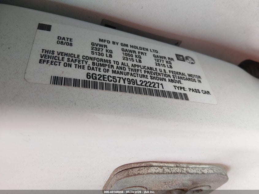 2009 Pontiac G8 VIN 6G2EC57Y99L222271 IAAI salvage auction — HAIL, Salvage (Illinois), sold $6,100 on 2026-07-21 (photo 9)