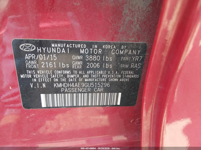 2016 Hyundai Elantra VIN KMHDH4AE9GU515296 IAAI salvage auction — REAR END, Salvage (West Virginia), sold $1,850 on 2026-07-09 (photo 9)