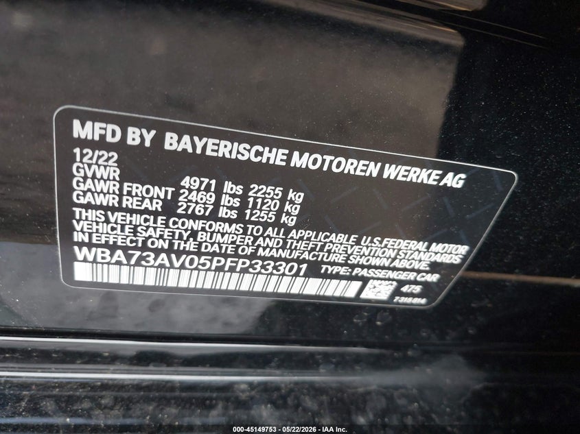 2023 BMW 4er VIN WBA73AV05PFP33301 IAAI salvage auction — FRONT END, Mv-907A (New York), sold $21,075 on 2026-07-07 (photo 9)