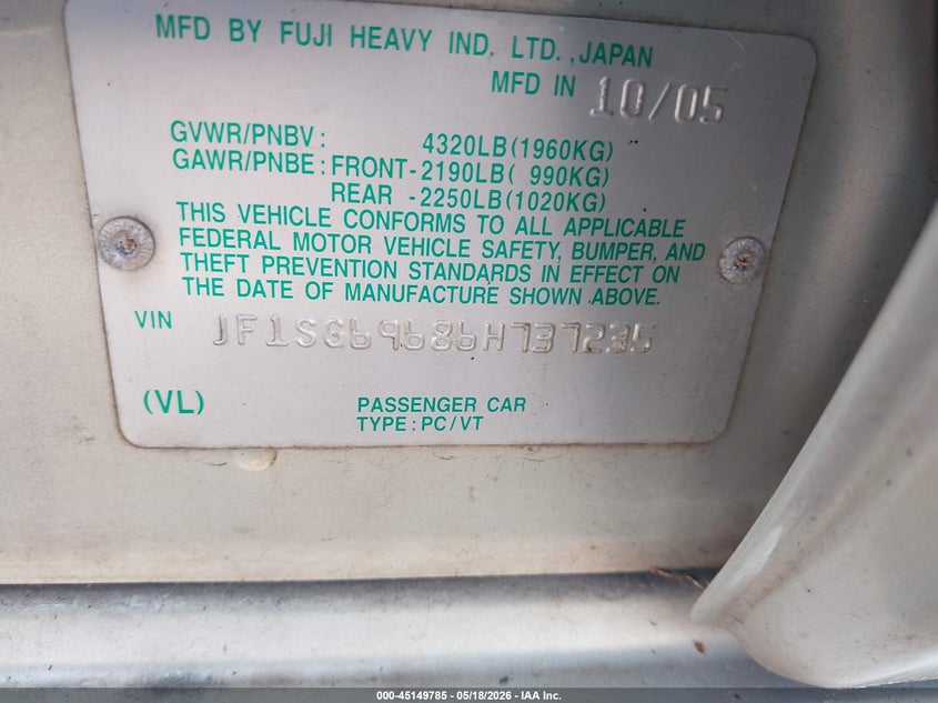2006 Subaru Forester VIN JF1SG69686H737235 IAAI salvage auction — NORMAL WEAR, Clear (Pennsylvania), sold $475 on 2026-07-17 (photo 9)