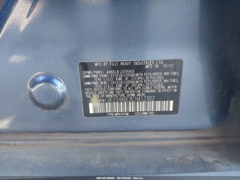 2012 Subaru Forester VIN JF2SHABC8CH452302 IAAI salvage auction — FRONT END, Salvage (Oregon), sold $1,650 on 2026-07-07 (photo 9)