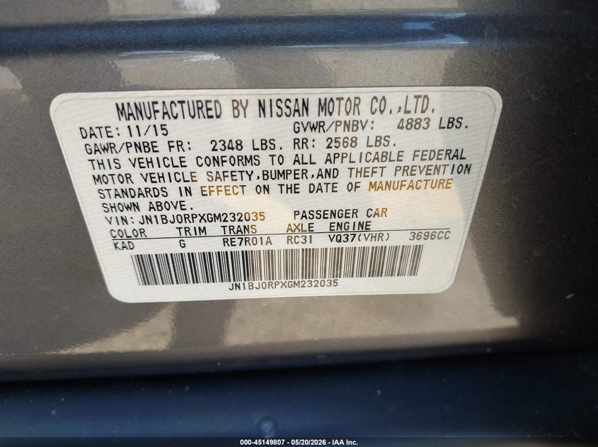 2016 Infiniti Qx50 VIN JN1BJ0RPXGM232035 IAAI salvage auction — FRONT END, Salvage (California), sold $650 on 2026-07-07 (photo 9)