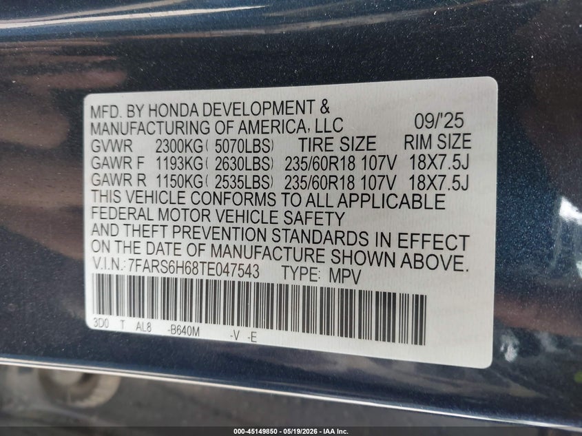 2026 Honda Cr-v VIN 7FARS6H68TE047543 IAAI salvage auction — LEFT SIDE, Certificate Of Title (Nebraska), sold $14,500 on 2026-07-09 (photo 9)