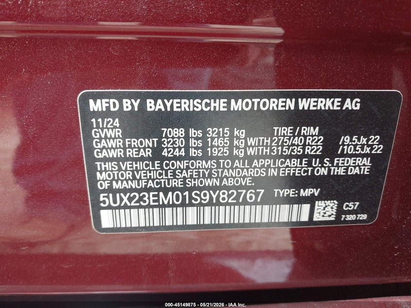 2025 BMW X7 VIN 5UX23EM01S9Y82767 IAAI salvage auction — LEFT SIDE, Original (Texas), sold $18,100 on 2026-07-28 (photo 9)