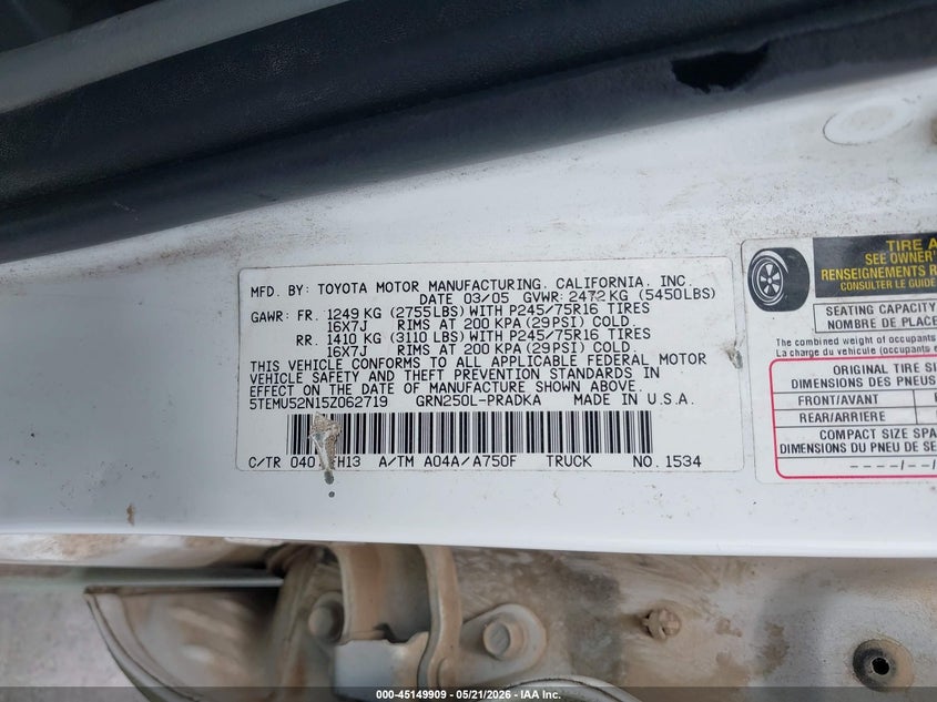 2005 Toyota Tacoma VIN 5TEMU52N15Z062719 IAAI salvage auction — LEFT REAR, Salvage (Texas), sold $1,650 on 2026-07-30 (photo 9)