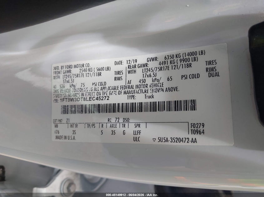 2020 Ford F350 VIN 1FT8W3DT8LEC45272 IAAI salvage auction — FRONT END, Original (Texas), sold $12,850 on 2026-09-06 (photo 9)