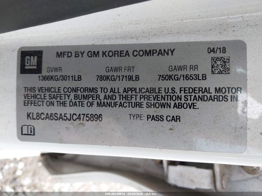2018 Chevrolet Spark VIN KL8CA6SA5JC475896 IAAI salvage auction — HAIL, Clear (Missouri), sold $1,300 on 2026-07-13 (photo 9)