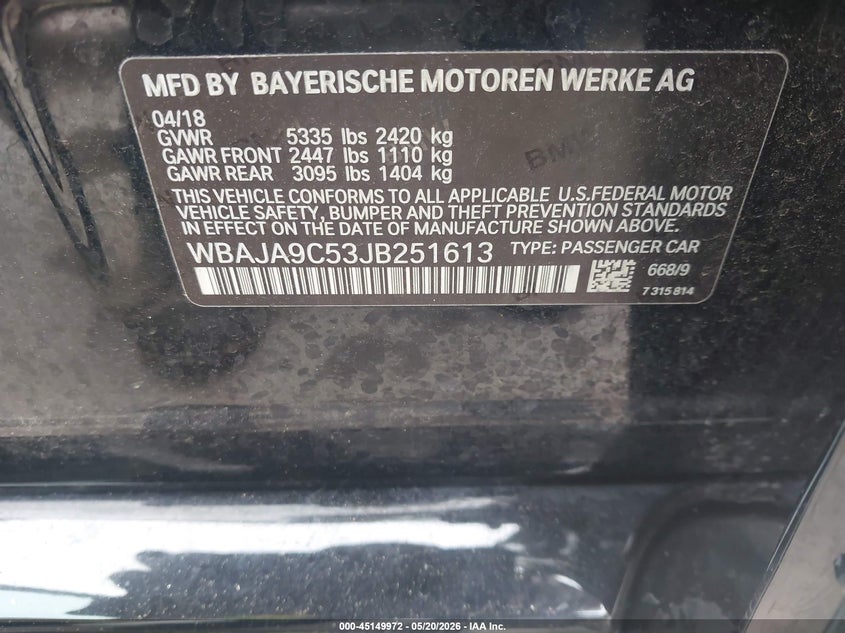 2018 BMW 5er VIN WBAJA9C53JB251613 IAAI salvage auction — FRONT END, Original (Texas), sold $9,300 on 2026-07-28 (photo 9)