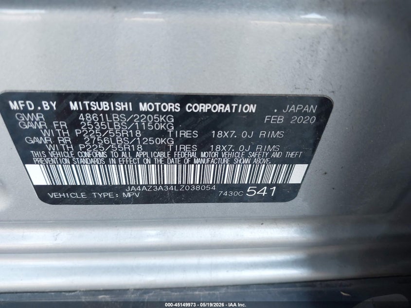 2020 Mitsubishi Outlander VIN JA4AZ3A34LZ038054 IAAI salvage auction — FRONT END, Salvage (South Carolina), sold $1,775 on 2026-08-21 (photo 9)