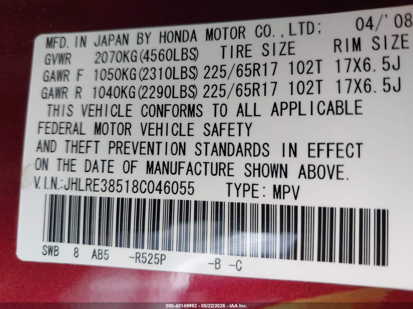 2008 Honda Cr-v VIN JHLRE38518C046055 IAAI salvage auction — FRONT END, Salvage (California), sold $1,375 on 2026-07-22 (photo 9)