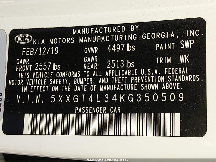 2019 Kia Optima VIN 5XXGT4L34KG350509 IAAI salvage auction — FRONT END, Salvage (Nevada), sold $1,325 on 2026-07-24 (photo 9)