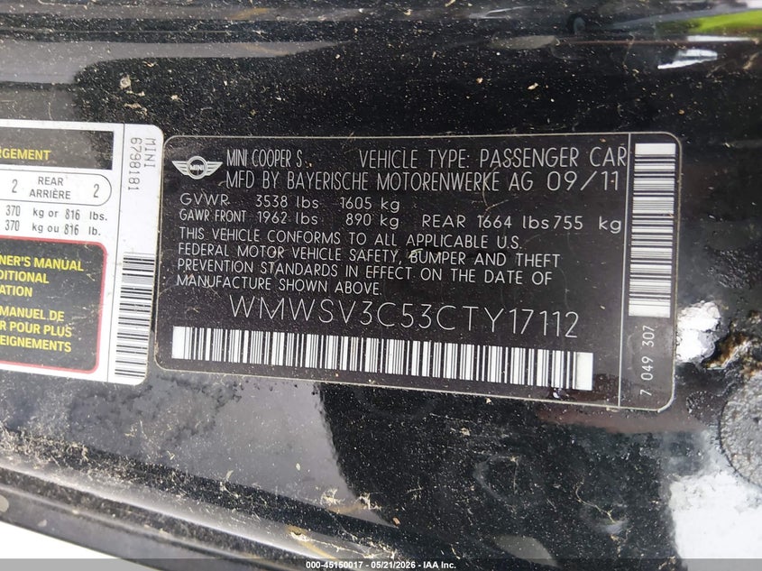 2012 Mini Cooper VIN WMWSV3C53CTY17112 IAAI salvage auction — ELECTRICAL, Original (Texas), sold $3,200 on 2026-08-20 (photo 9)