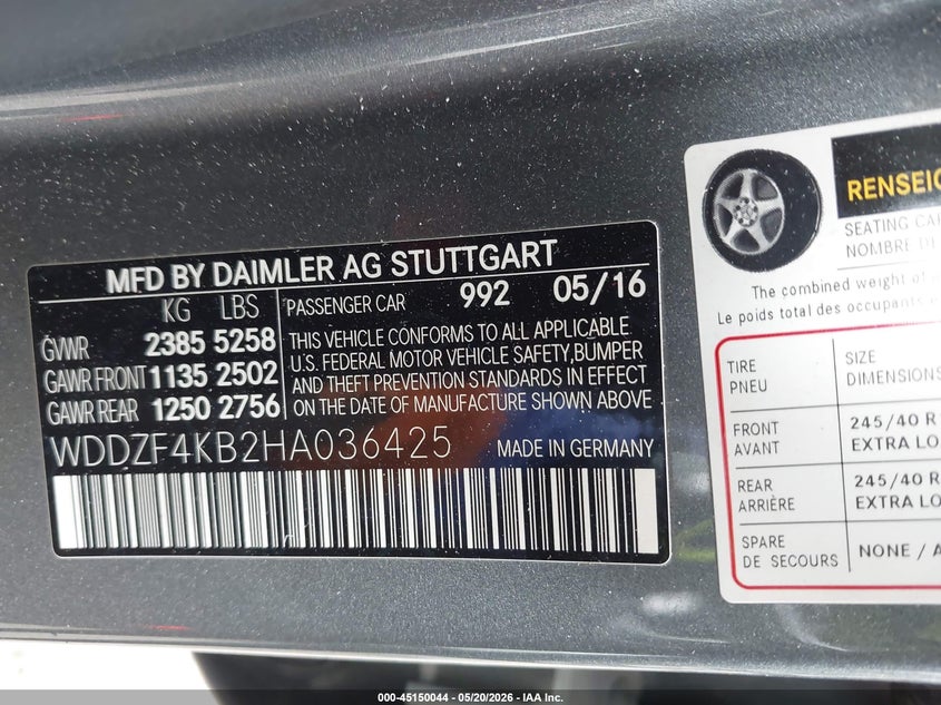 2017 Mercedes-benz E-klasse VIN WDDZF4KB2HA036425 IAAI salvage auction — RIGHT SIDE, Original (Texas), sold $50 on 2026-07-28 (photo 9)