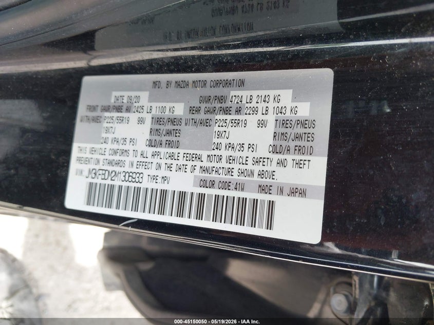 2021 Mazda Cx-5 VIN JM3KFBDM2M1306933 IAAI salvage auction — FRONT & REAR, Salvage (Illinois), sold $4,400 on 2026-07-21 (photo 9)