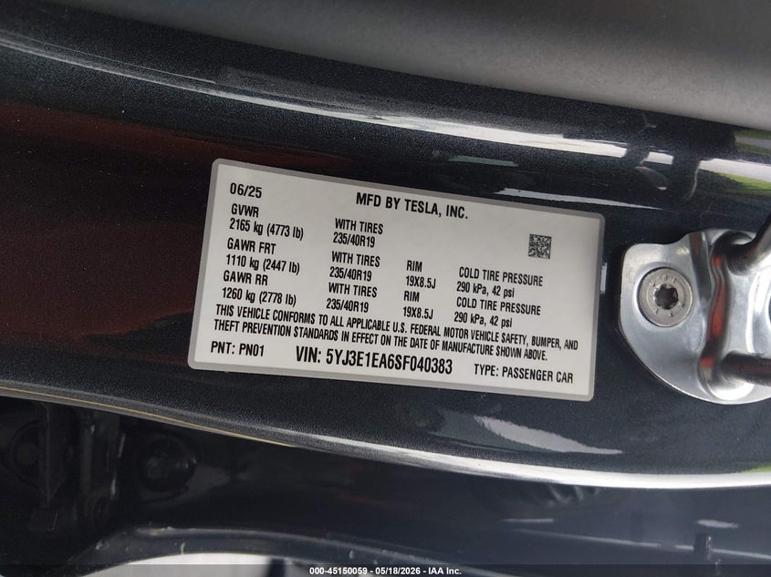 2025 Tesla Model 3 VIN 5YJ3E1EA6SF040383 IAAI salvage auction — LEFT SIDE, Rebuildable (Florida), sold $10,600 on 2026-07-09 (photo 9)