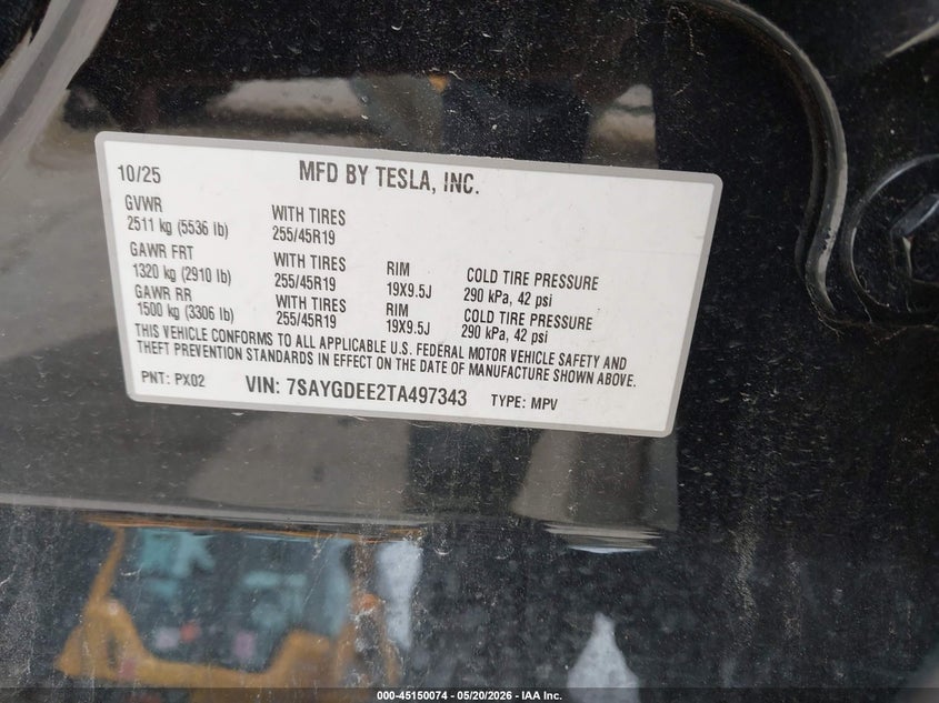 2026 Tesla Model y VIN 7SAYGDEE2TA497343 IAAI salvage auction — FRONT END, Salvage (Illinois), sold $18,550 on 2026-07-16 (photo 9)