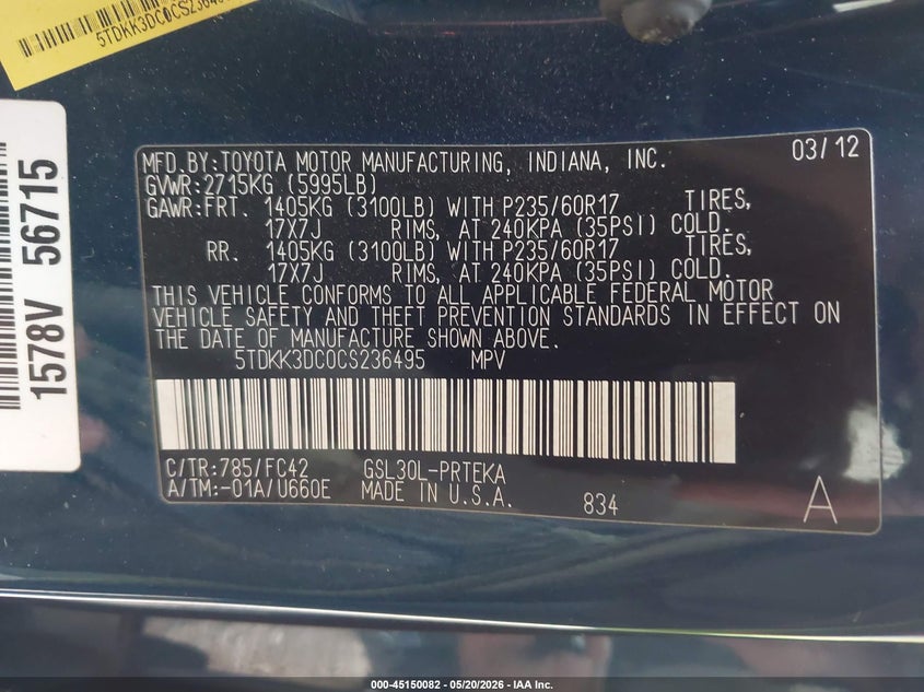 2012 Toyota Sienna VIN 5TDKK3DC0CS236495 IAAI salvage auction — FRONT END, Salvage (Montana), sold $775 on 2026-07-08 (photo 9)