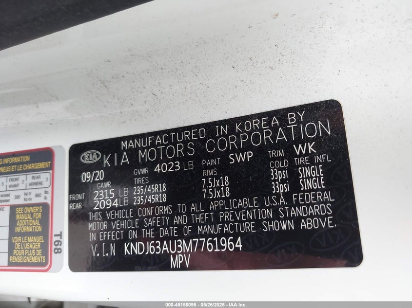 2021 Kia Soul VIN KNDJ63AU3M7761964 IAAI salvage auction — LEFT REAR, Salvage Certificate (California), sold $3,000 on 2026-07-26 (photo 9)