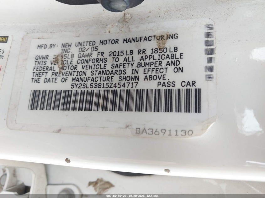 2005 Pontiac Vibe VIN 5Y2SL63815Z454717 IAAI salvage auction — FRONT END, Clear (Indiana), sold $500 on 2026-07-07 (photo 9)