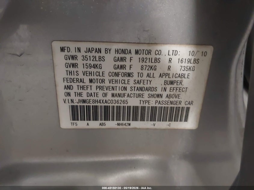 2010 Honda Fit VIN JHMGE8H4XAC036265 IAAI salvage auction — FRONT END, Salvage (Iowa), sold $450 on 2026-07-14 (photo 9)