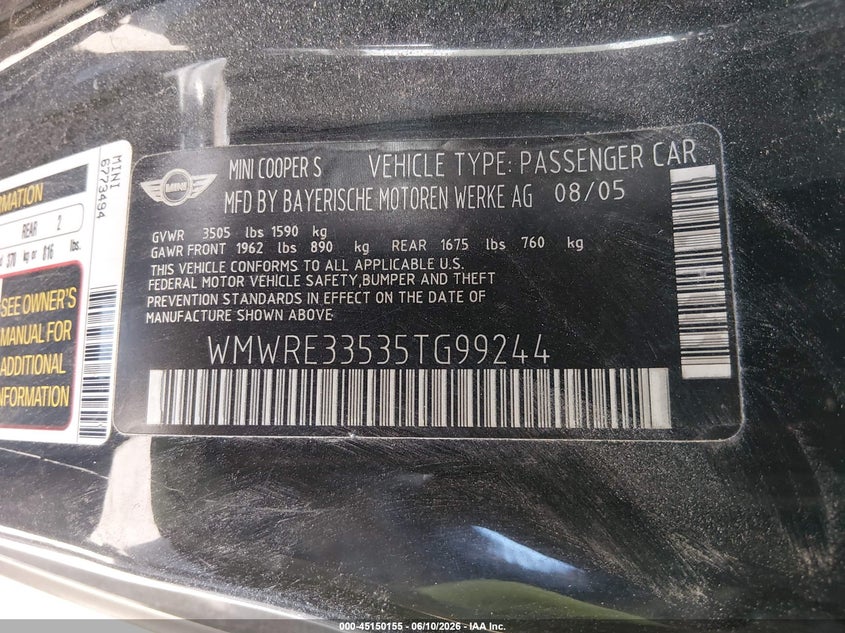 2005 Mini Cooper VIN WMWRE33535TG99244 IAAI salvage auction — FRONT END, Lien Papers (California), sold $200 on 2026-07-29 (photo 9)