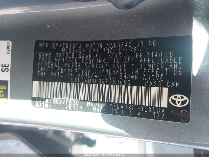2025 Toyota Corolla VIN 5YFB4MDE0SP298083 IAAI salvage auction — RIGHT SIDE, Rebuildable (Florida), sold $5,550 on 2026-07-14 (photo 9)