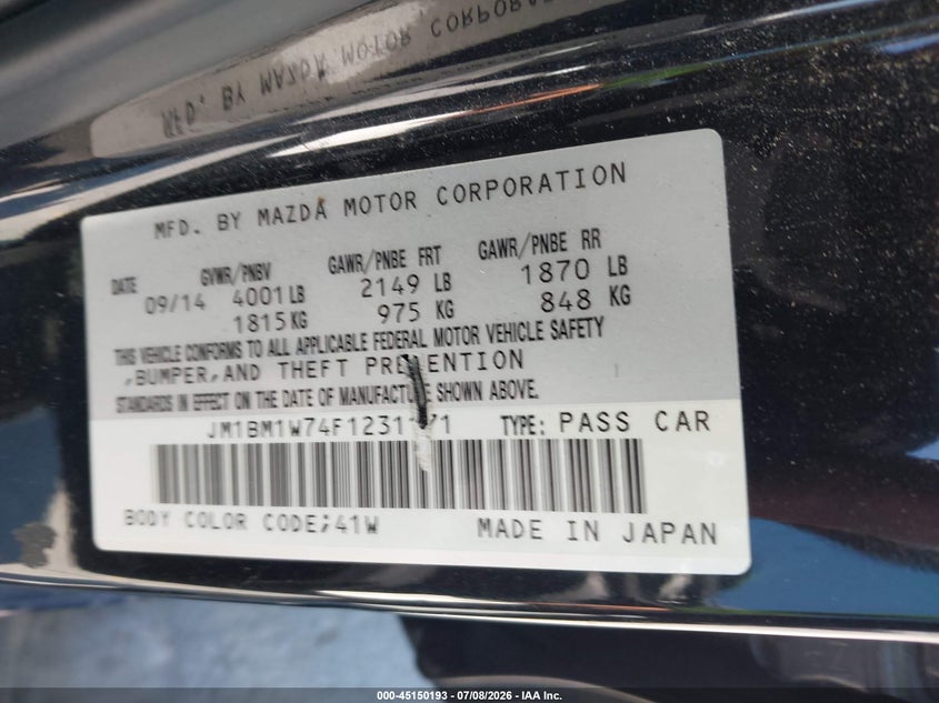 2015 Mazda 3 VIN JM1BM1W74F1231171 IAAI salvage auction — SIDE, Salvage Title, sold $2,150 on 2026-07-13 (photo 9)