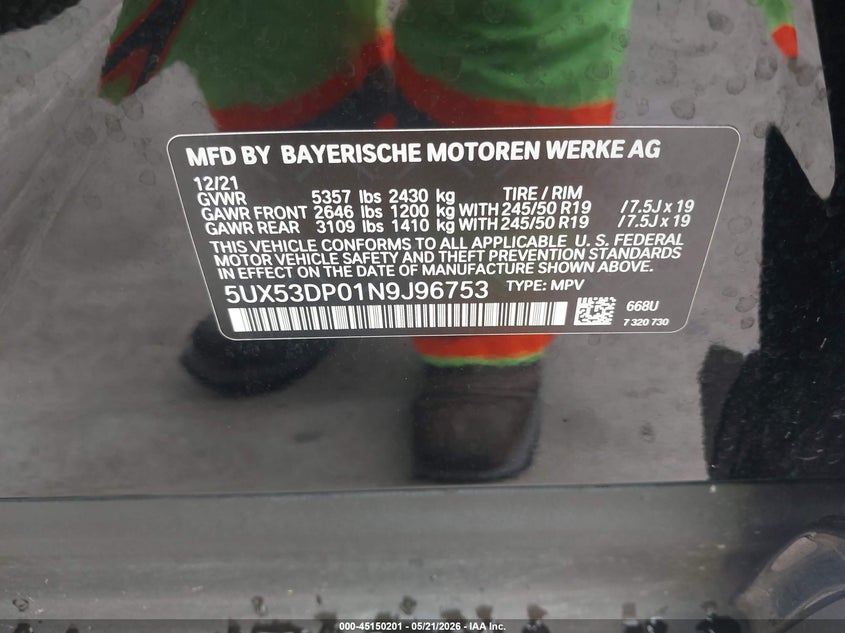 2022 BMW X3 VIN 5UX53DP01N9J96753 IAAI salvage auction — RIGHT FRONT, Salvage (Texas), sold $8,200 on 2026-07-24 (photo 9)
