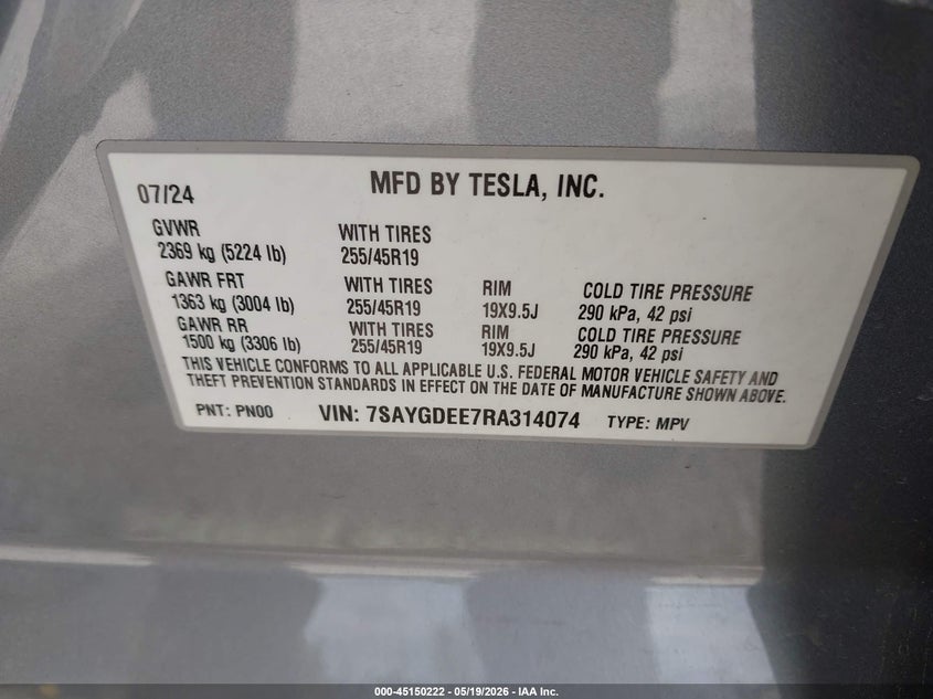 2024 Tesla Model y VIN 7SAYGDEE7RA314074 IAAI salvage auction — FRONT & REAR, Junk Bill Of Sale Mv2459 (Wisconsin), sold $7,950 on 2026-07-16 (photo 9)