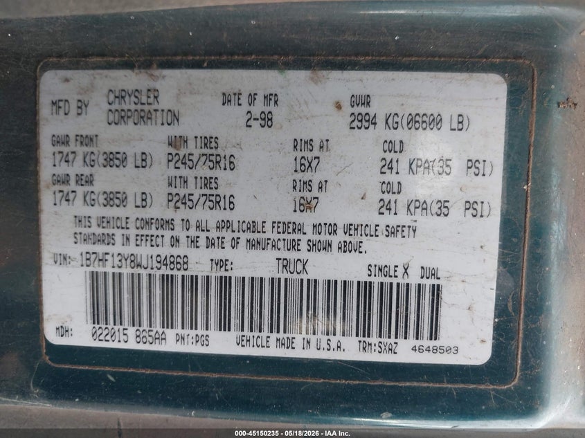 1998 Dodge Ram 1500 VIN 1B7HF13Y8WJ194868 IAAI salvage auction — RIGHT FRONT, Salvage (Hawaii), sold $0 on 2026-10-20 (photo 9)