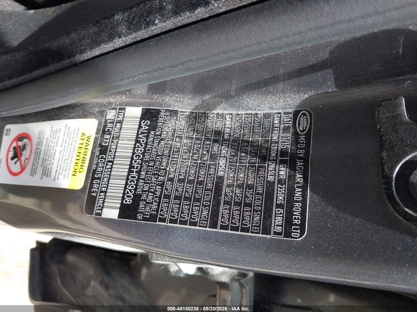 2015 Land rover Range rover evoque VIN SALVP2BG5FH039208 IAAI salvage auction — RIGHT FRONT, Salvage (Iowa), sold $3,825 on 2026-07-27 (photo 9)
