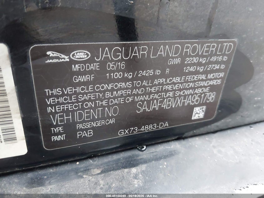 2017 Jaguar Xe VIN SAJAF4BVXHA951798 IAAI salvage auction — FRONT & REAR, Salvage (Kansas), sold $1,700 on 2026-07-08 (photo 9)