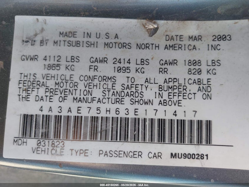 2003 Mitsubishi ECLIPSE VIN 4A3AE75H63E171417 IAAI salvage auction — SIDE, Clear (Wyoming), sold $25 on 2026-07-22 (photo 9)
