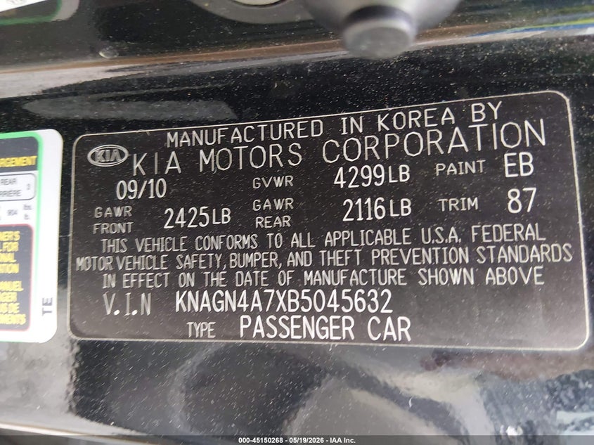 2011 Kia Optima VIN KNAGN4A7XB5045632 IAAI salvage auction — FRONT END, Clear (Tennessee), sold $275 on 2026-07-06 (photo 9)