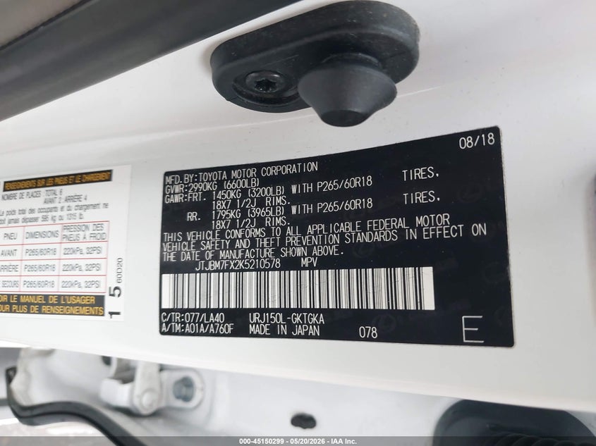2019 Lexus Gx VIN JTJBM7FX2K5210578 IAAI salvage auction — FRONT END, Salvage (Tennessee), sold $10,500 on 2026-07-21 (photo 9)