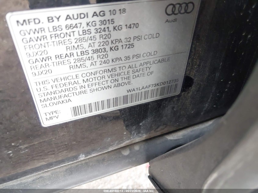 2019 Audi Q7 VIN WA1LAAF73KD012735 IAAI salvage auction — RIGHT FRONT, Original (Texas), sold $7,550 on 2026-07-24 (photo 9)