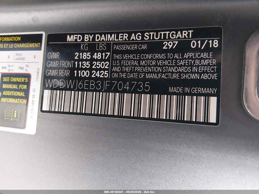 2018 Mercedes-benz VIN WDDWJ6EB3JF704735 IAAI salvage auction — LEFT FRONT, Salvage Title, sold $25 on 2026-07-29 (photo 9)