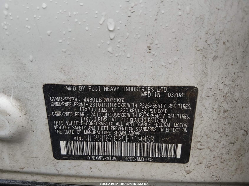 2009 Subaru Forester VIN JF2SH64629H719933 IAAI salvage auction — REAR END, Salvage (New Mexico), sold $350 on 2026-07-21 (photo 9)