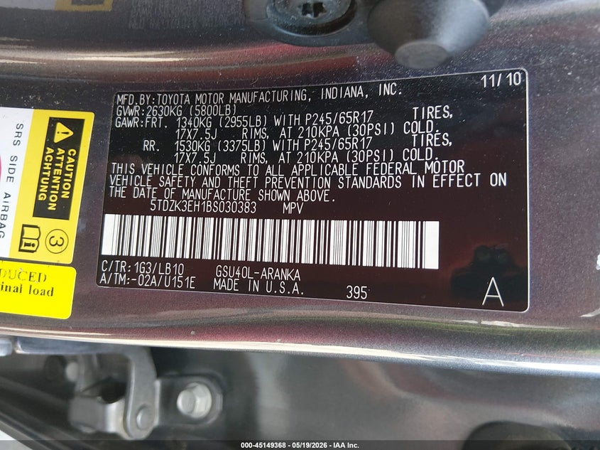 2011 Toyota Highlander VIN 5TDZK3EH1BS030383 IAAI salvage auction — FRONT END, Salvage (Mississippi), sold $2,100 on 2026-07-15 (photo 9)
