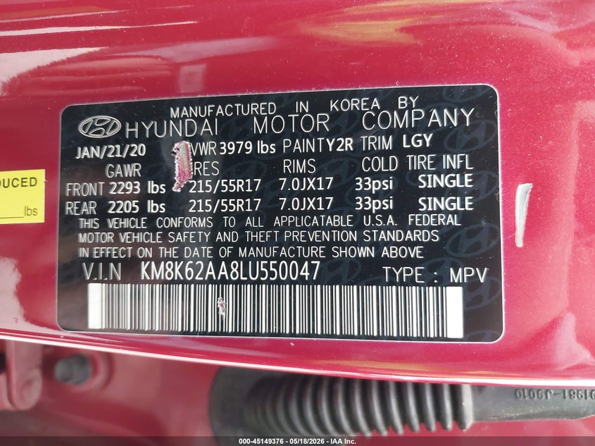 2020 Hyundai Kona VIN KM8K62AA8LU550047 IAAI salvage auction — FRONT END, Original (Texas), sold $4,850 on 2026-07-21 (photo 9)