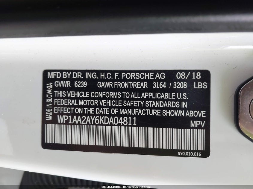 2019 Porsche Cayenne VIN WP1AA2AY6KDA04811 IAAI salvage auction — FRONT END, Salvage Title, sold $8,050 on 2026-09-03 (photo 9)